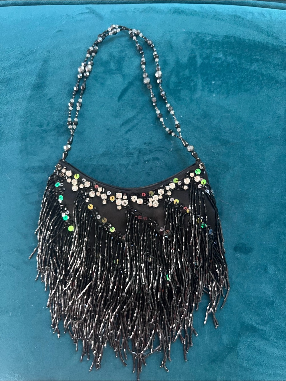 Lily Black Beaded Fringe Mini Bag with Iridescent Accents